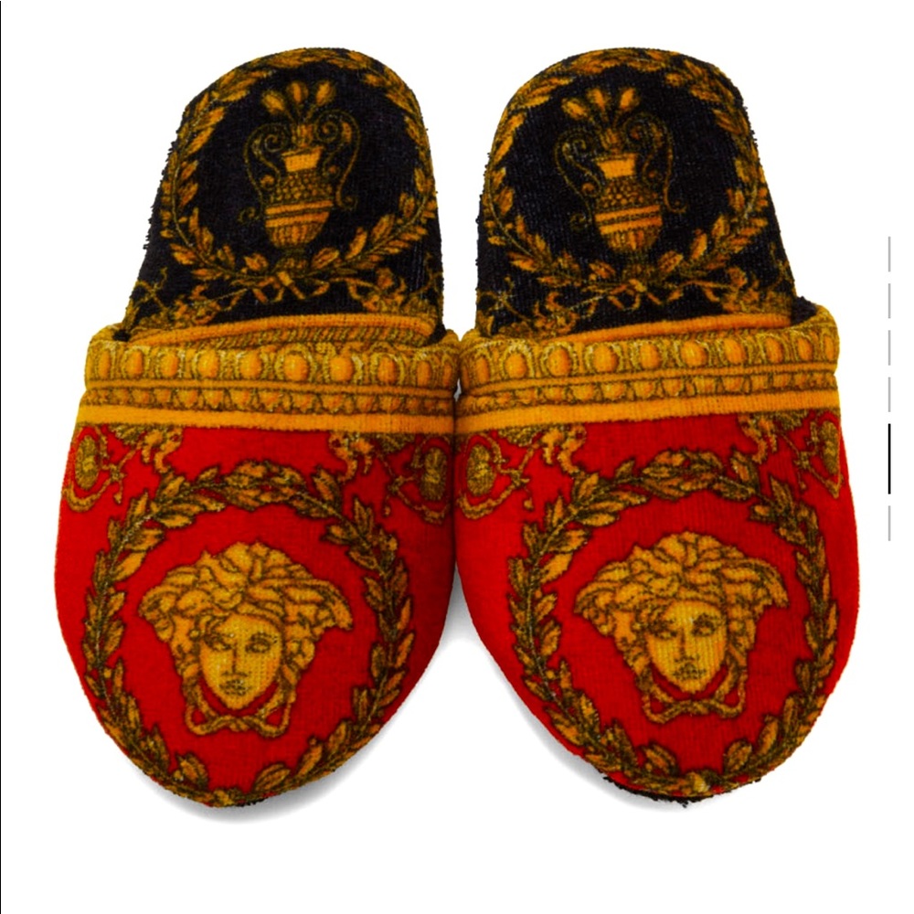 VERSACE Terrycloth I ❤️ Baroque Slippers. Red and black gold tone pattern. (Med)